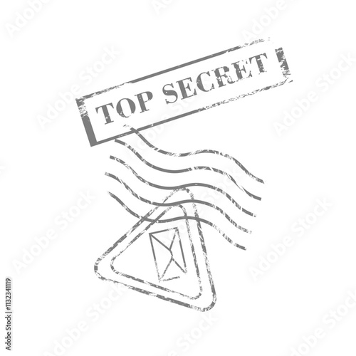 Grunge postal stamp with wavy lines, envelope and top secret seal. Vector illustration isolated on background.