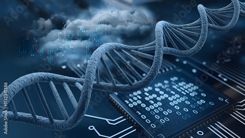 A stunning digital artwork illustrating a DNA double helix elegantly intertwined with a microchip. The background features a cloud motif, symbolizing the integration of genetics and cloud technology.  photo