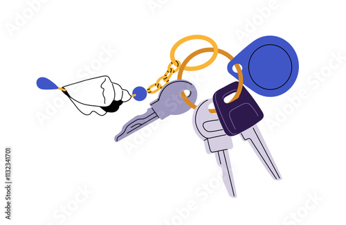 Bunch, chain of different keys with hanging pendant seashell on ring, keychain. Keyring, keyholder, keyfob with trinket to lock house door. Flat isolated vector illustration on white background