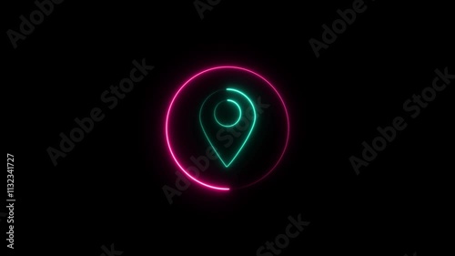 Neon glowing location pin map marker on a black background. ocation marker, address place. photo