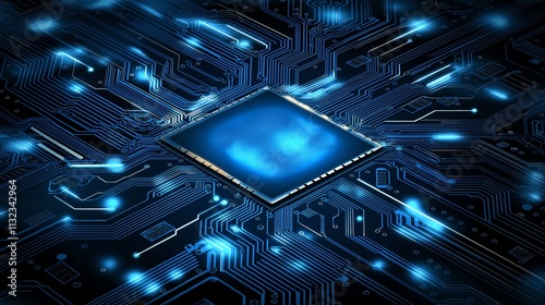 Futuristic circuit board with glowing blue lights and central microchip, representing advanced technology, innovation, and digital data processing in the tech industry. photo