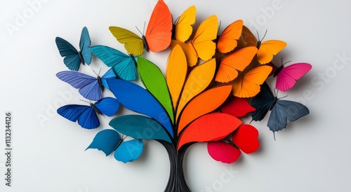 Colorful butterfly tree with many butterflies on it. The butterflies are in different colors and sizes, and they are arranged in a way that creates a sense of movement and growth photo