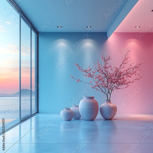 Modern Minimalist Interior Design Featuring Cherry Blossom Ocean Vibes