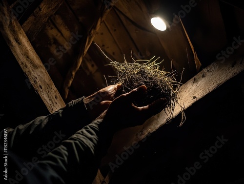 Dark Attic, Gentle Hands, Birds Nest, Wooden Beams, Light Bulb, Fragile Home, Natures Creation, Humb photo