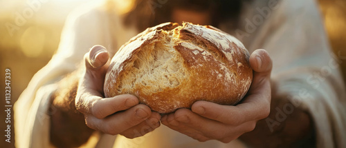 Divine presence captured as Jesus Christ offers broken bread in golden light, evoking serenity and spirituality photo