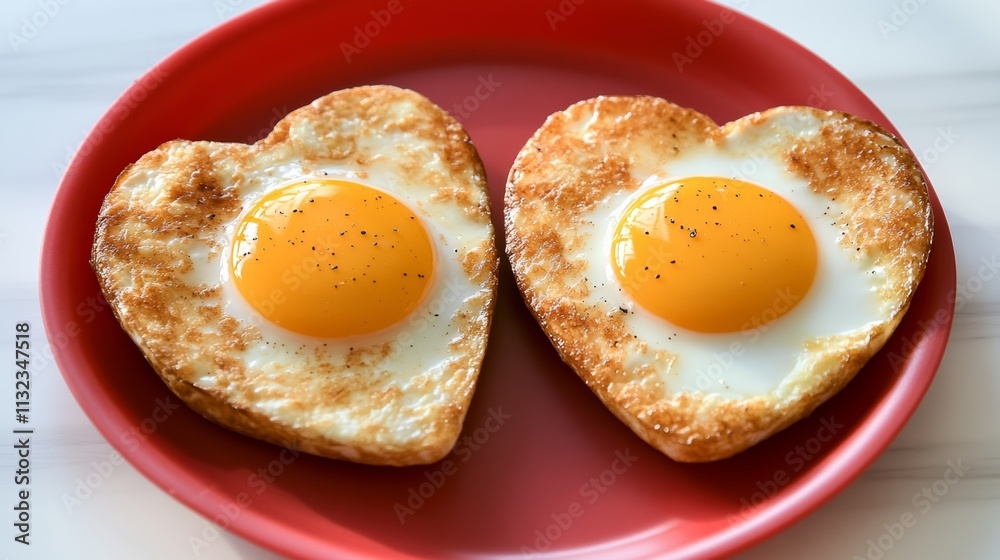 Two eggs are cut in half and placed on a red plate. The plate is round and has a heart shape. The eggs are cooked and have a yellow yolk. The plate is placed on a white table Two eggs are cut in half and placed on a red plate. The plate is round and has a heart shape. The eggs are cooked and have a yellow yolk. The plate is placed on a white table
