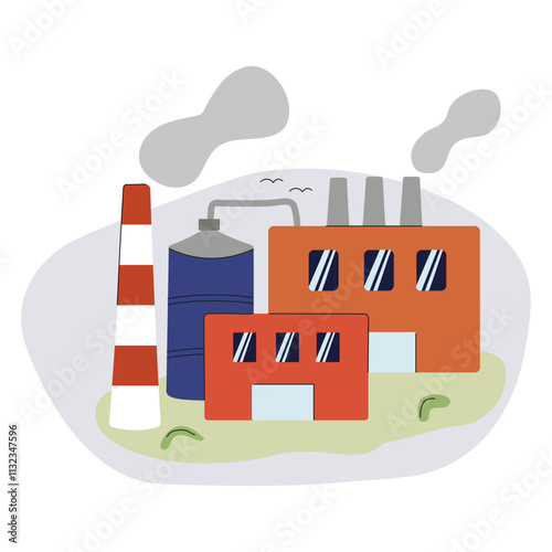 Industrial complex with smokestacks and storage tanks in a stylized graphic illustration