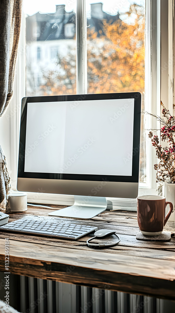 Fototapeta premium Autumn Workspace, Computer by Window with Blank Screen, Keyboard, Mouse, and Coffee