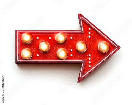 Retro arrow with glowing bulbs on a plain white background, vintage style.