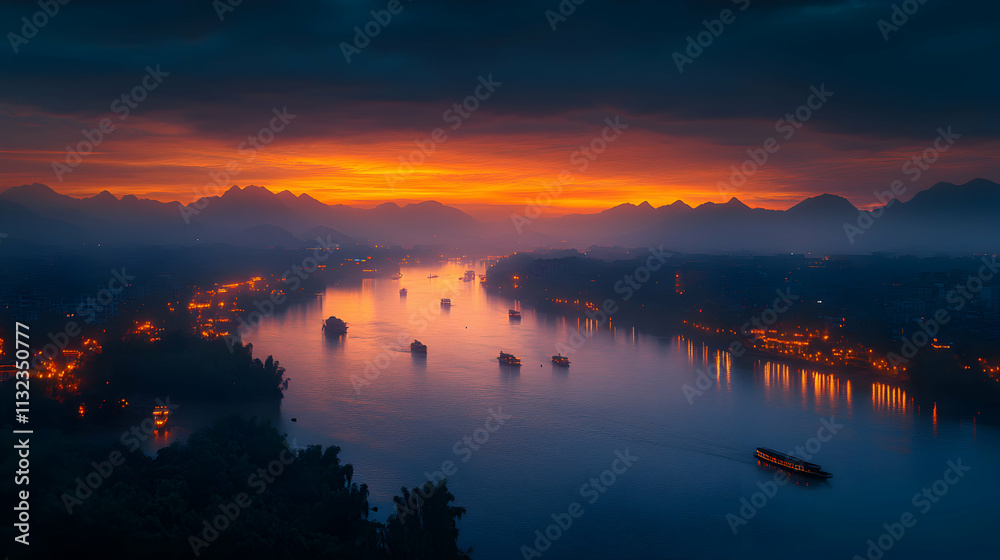 Fototapeta premium Fiery Sunset over River City, Boats Sail Serenely at Dusk, Reflecting Lights on Calm Waters