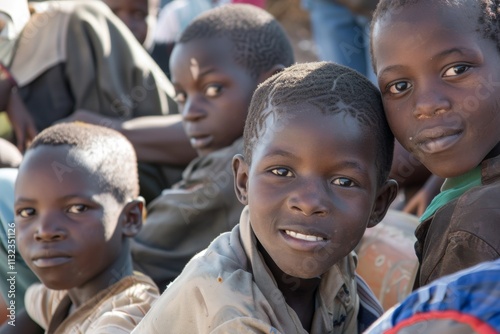 Unidentified Ghanaian little boys sit in the street. Children of Ghana suffer of poverty due to the economic situation