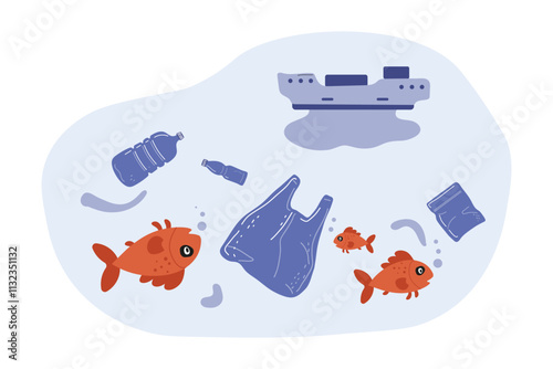 Underwater scene showing marine life interacting with plastic waste and ship debris