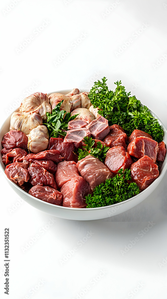 Variety of Raw Meats and Fresh Herbs in Bowl, A Culinary Delight Variety of Raw Meats and Fresh Herbs in Bowl, A Culinary Delight