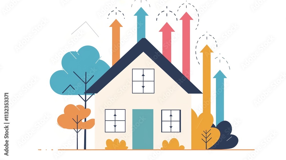 Fototapeta premium Infographic showing the energy rating scale of a house, with arrows pointing upward to represent improvements and progress in energy efficiency. Sustainable living, environmentally friendly home,AI
