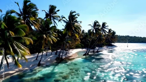 A 4K view of a pristine beach with crystal-clear blue water, white sand, and palm trees swaying in the tropical breeze, reflecting the shimmering sunlight.