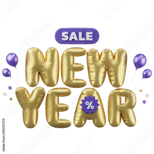 New year sale ,golden balloon text with new year cerebrate decoration, shopping concept, Isolated Images, 3d illustration,