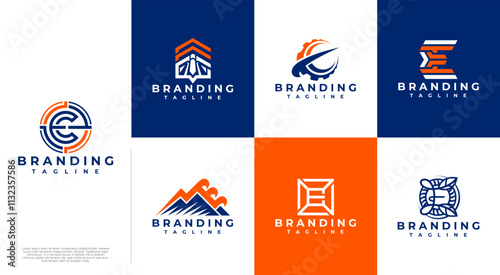Modern flat line abstract letter E logo set