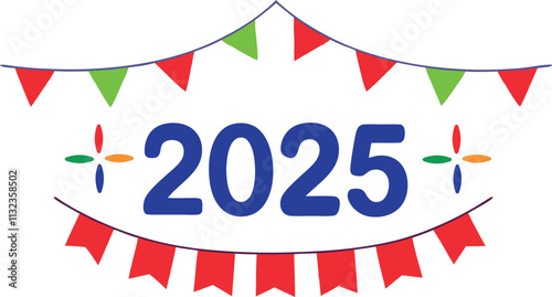 A celebratory graphic design featuring the year 2025, framed by a colorful garland of triangular flags in red and green.