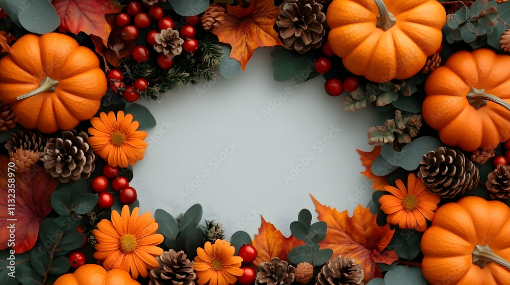 Fototapeta premium Autumn Harvest, Pumpkins, Flowers & Leaves Frame a Pastel Background