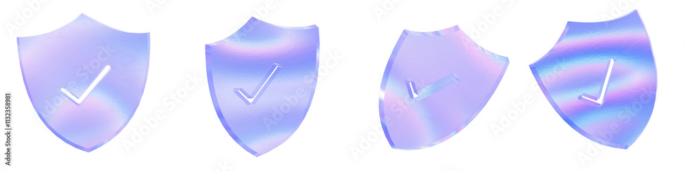 Set of 4 3d glass checkmark in a shield shape with aberration effect ...