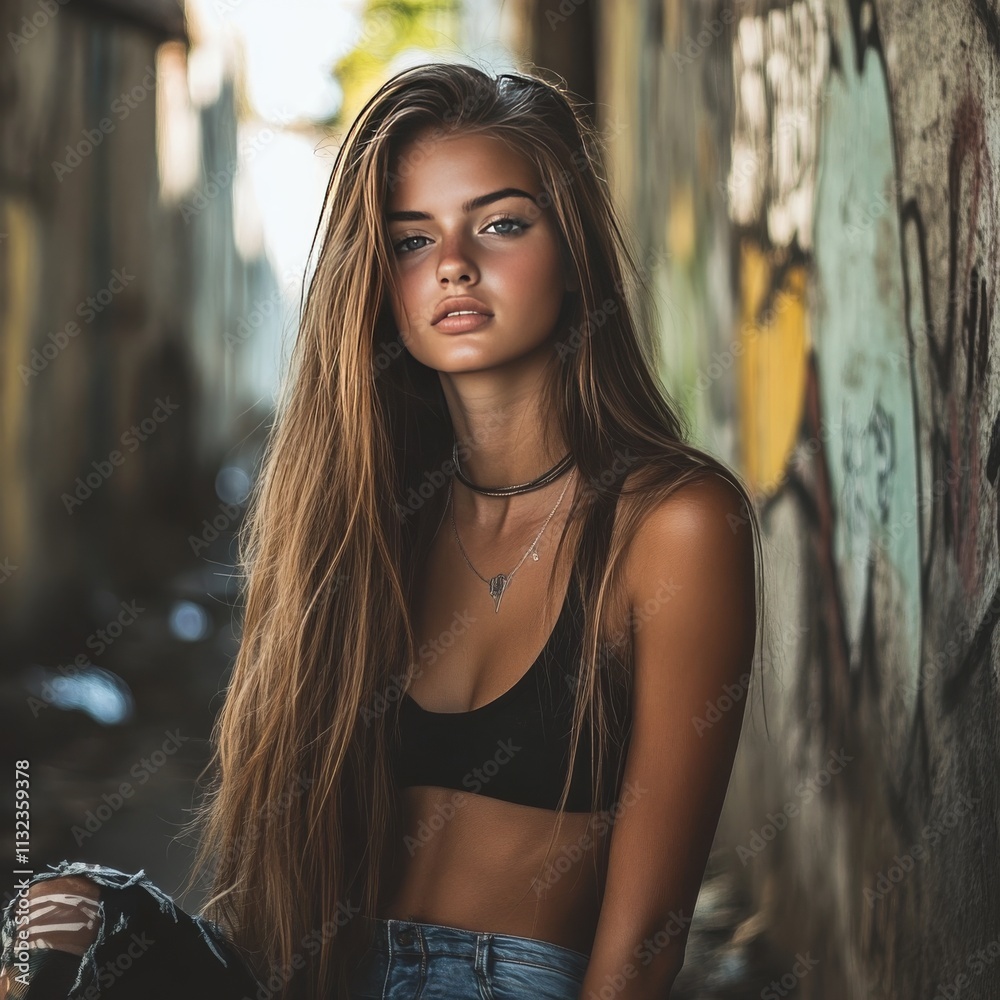 Obraz premium Young beauty poses in urban setting