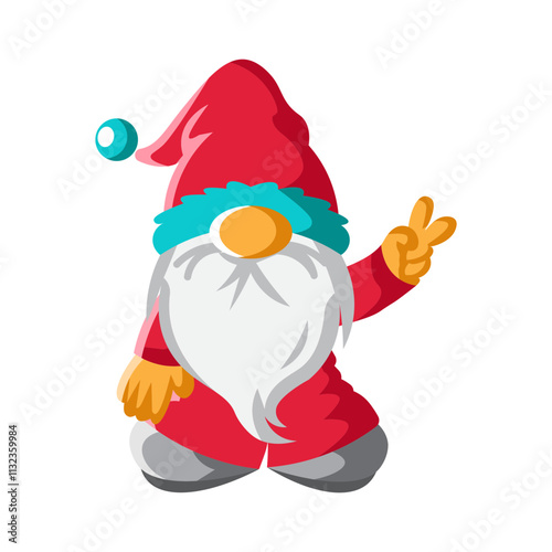 Made in uk Cheerful Gnome Giving Peace Sign Festive Christmas Cartoon Illustration