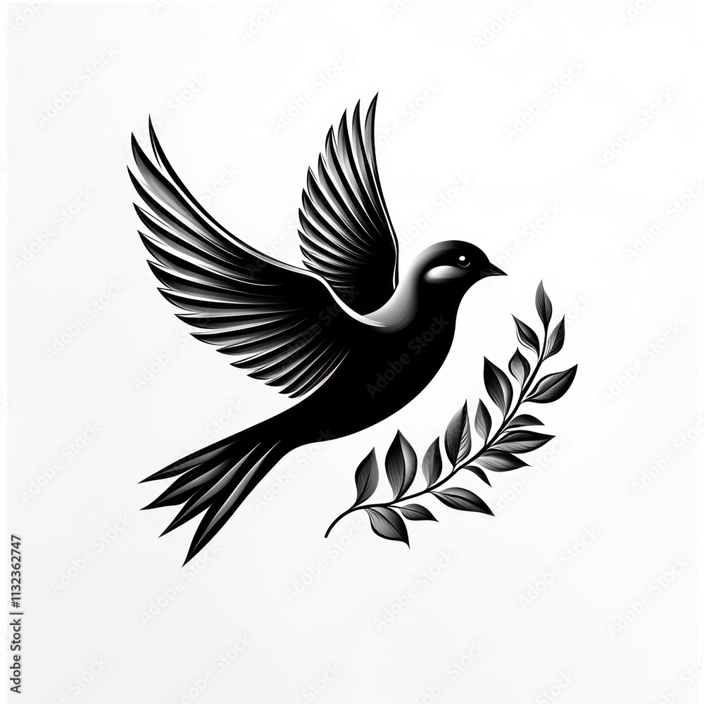 Obraz premium Black silhouette of a dove in flight with olive branch.