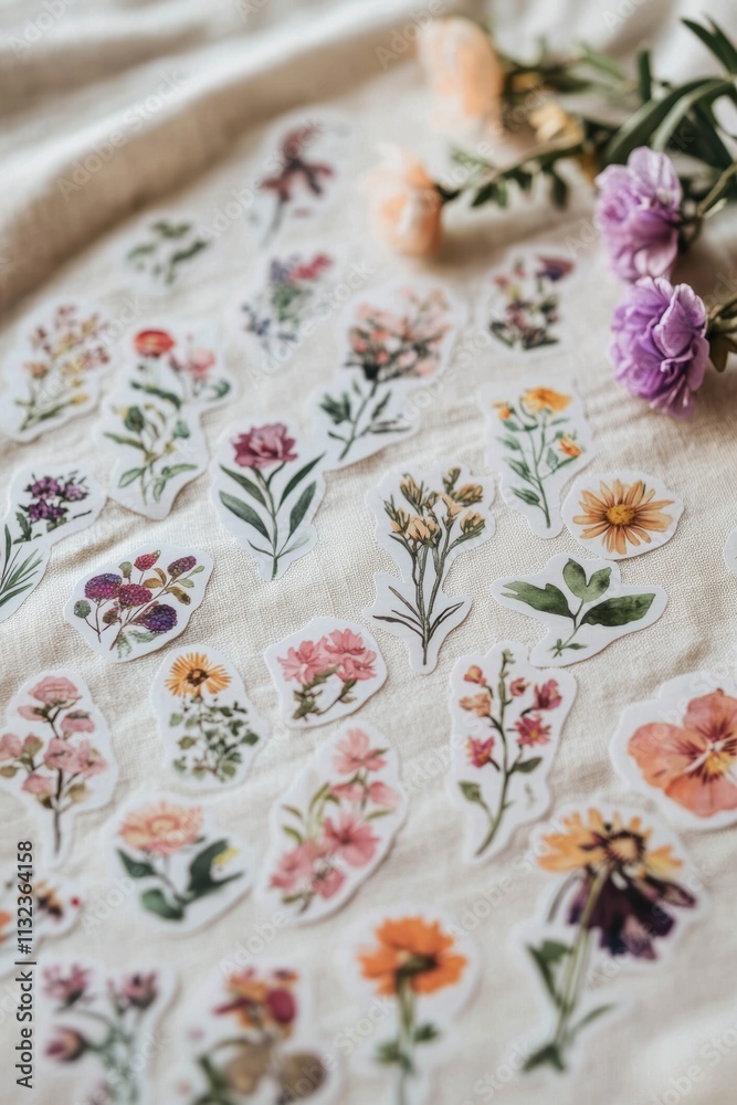 Naklejka premium Pastel Floral Stickers on Linen Fabric for Soft and Delicate Design