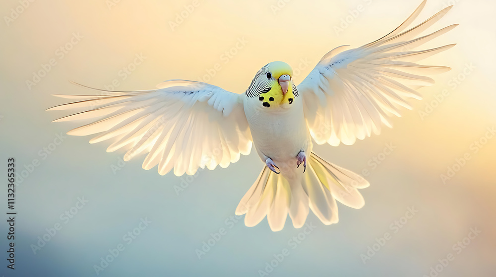 Obraz premium Single budgerigar in flight with wings spread wide, against a soft gradient sky background
