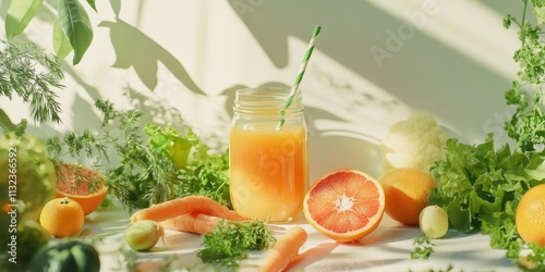 Freshly squeezed juice displayed in a jar alongside vibrant fruits and vegetables. This healthy drink emphasizes a natural lifestyle. The bright light highlights freshness and vitality. AI