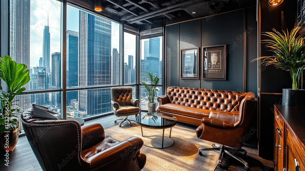 Fototapeta premium Luxurious leather furniture, city view, modern office.