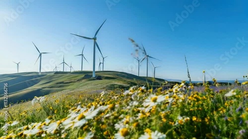 A grassy hill covered in wildflowers, with several wind turbines in the background photo