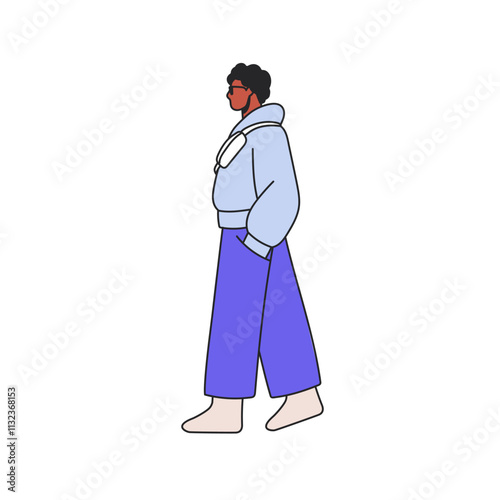 Black man walking, going outdoors. African American male character profile in...