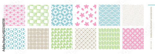 年賀や春の和風シーンに最適な手書き和柄の背景パターン素材_桜模様・青海波など