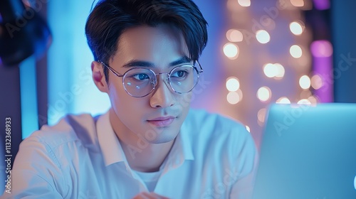 Serious Young Caucasian Man with Headset, Successful Manager of Call Center Sits in Office, Uses Computer, Talking on Video Conference with Client or Employee. Helpline, Generative A