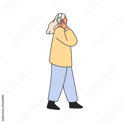Woman walking in headphones. Young female character listening to music, strol...