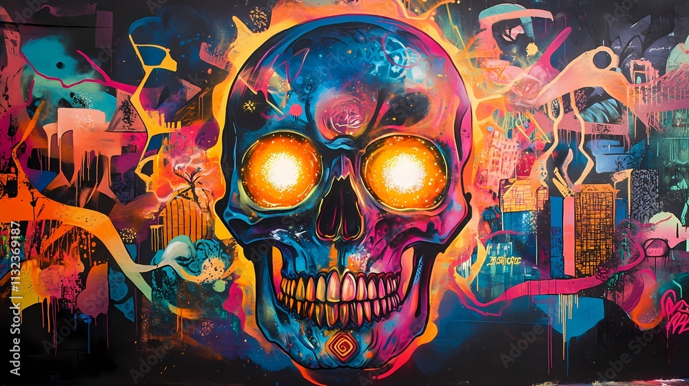 Fototapeta premium Vibrant Skull Graffiti Mural: A Psychedelic Masterpiece