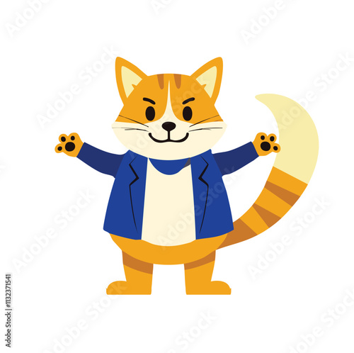 A cartoon cat in a blue jacket with a confident stance and raised paws.