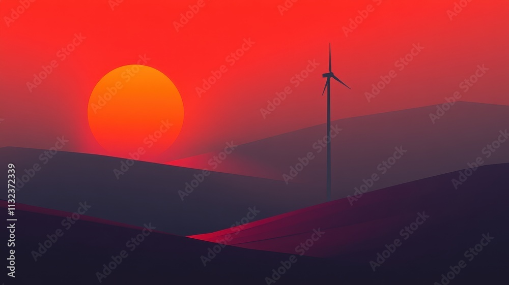 Obraz premium Stunning sunset silhouette of a wind turbine in serene landscape warm orange sky tranquil evening view