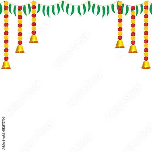 Vector illustration of beautiful marigold flower garland with bells and leaves on transparent background