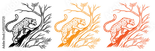 A leopard crouched low on a tree branch, with its tail curled around and detailed spots across its body. Sharp claws grip the branch. Black line art.

