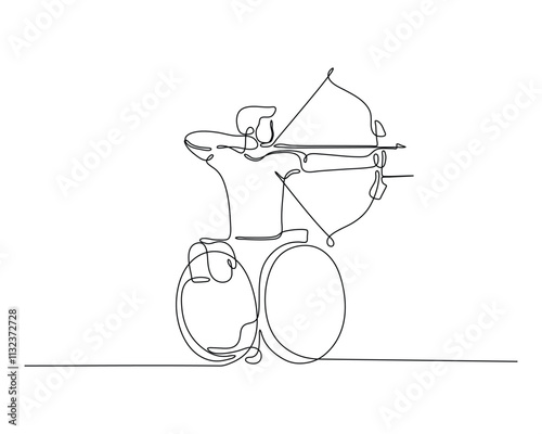 Continuous line drawing of a person in a wheelchair practicing archery, symbolizing determination, adaptive sports, and inclusion in minimalistic art.