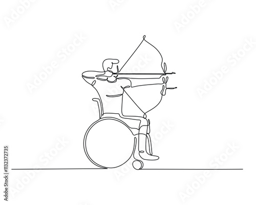 Continuous line art of a person in a wheelchair aiming a bow and arrow, representing adaptive sports, resilience, and the spirit of inclusion in minimalistic artistic style.