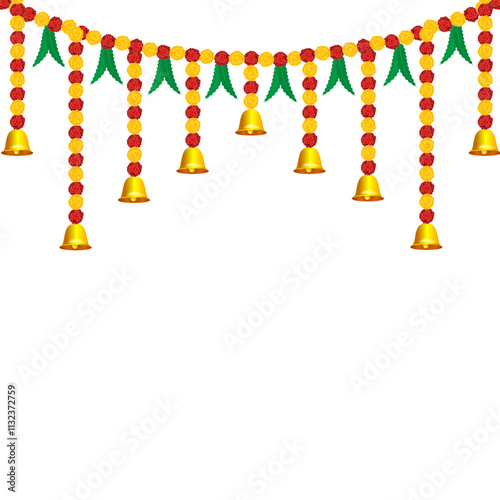 Vector illustration of beautiful marigold flower garland with bells and leaves on transparent background
