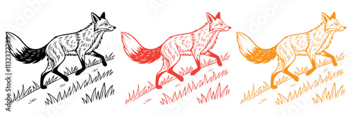 A vector of a fox running gracefully, with detailed fur and a flowing tail. The paws show movement as it dashes across a grassy plain. Black and white line art.


