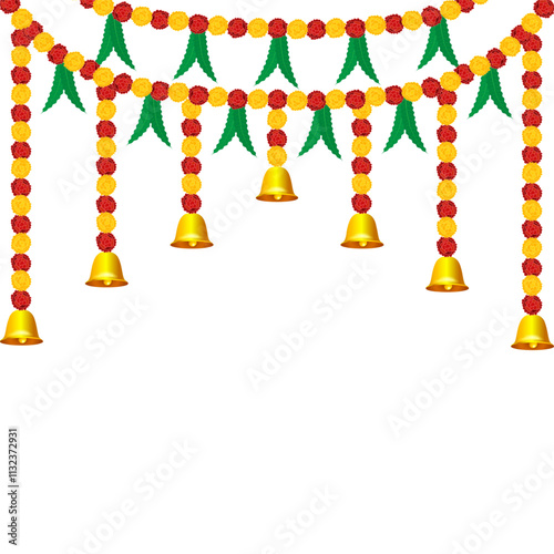 Vector illustration of beautiful marigold flower garland with bells and leaves on transparent background