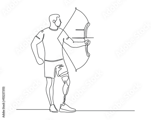 Continuous line drawing of an archer with a prosthetic leg, symbolizing strength, determination, and inclusivity in sports. Ideal for themes of resilience, adaptive sports, and overcoming challenges.