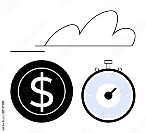 Dollar coin stopwatch speeding cloud. Ideal for business, efficiency, deadlines, productivity, time management, financial planning, value of time. Line metaphor