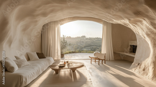 Minimalistyczne wnętrze jaskini z szerokim oknem, otwierającym przestrzeń na ...