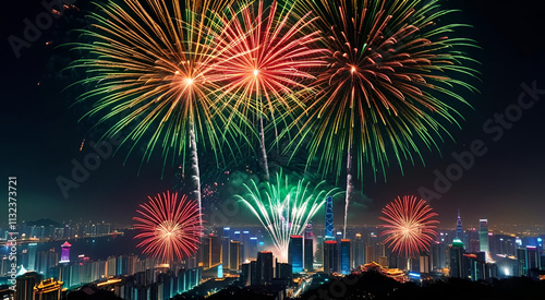 Chinese New Year: Fireworks exploding in the night sky, sparklers and light plumes, festive atmosphere